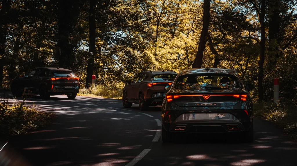 Cupra Formentor, leon et terramar en convoi sur route forestière ombragée lors du roadshow Alsace.