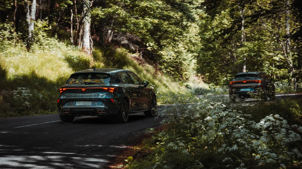 Deux Cupra Leon et Formentor roulent sur une route forestière en Alsace lors du roadshow.